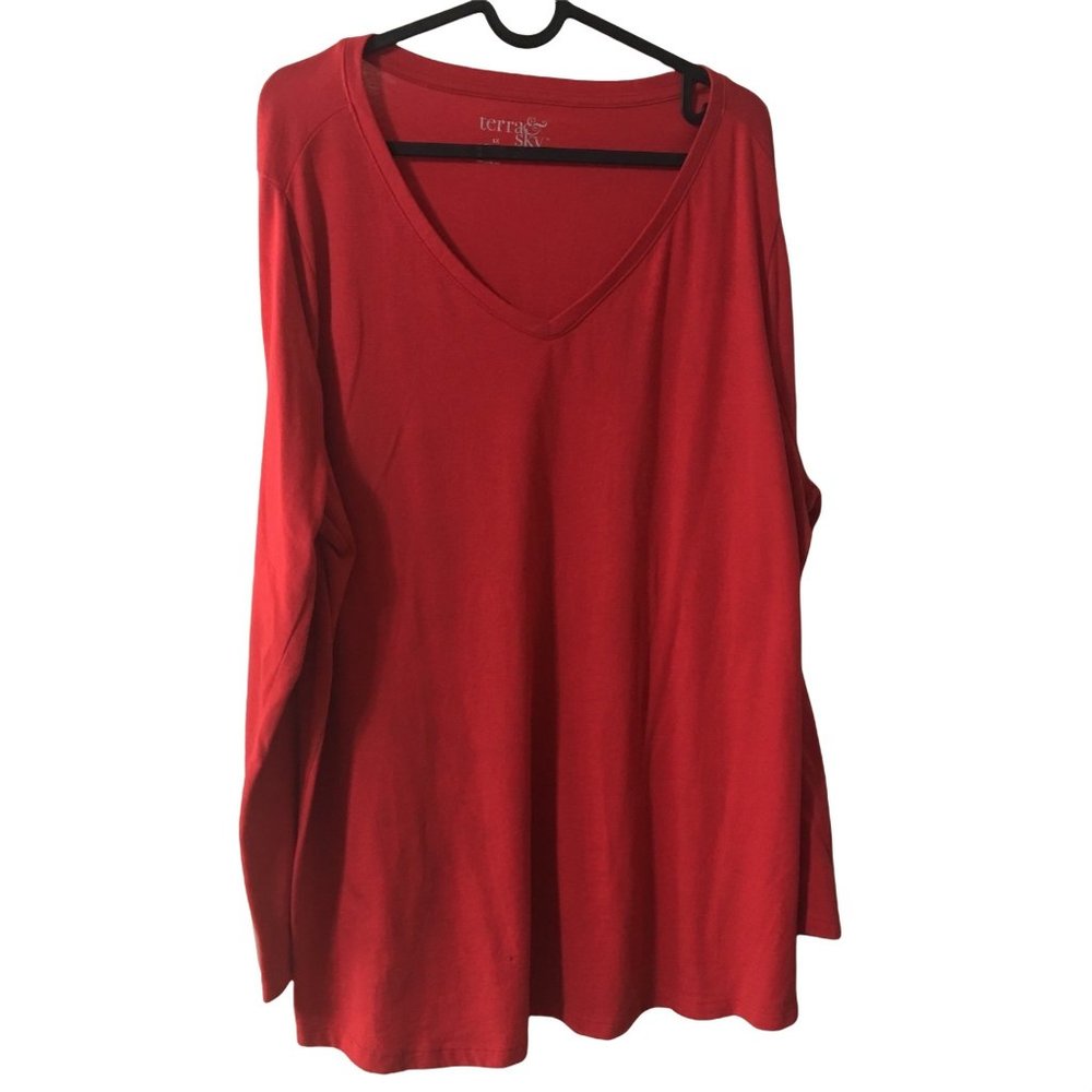 TERRA & SKY LONG SLEEVE V NECK WOMENS RED SHIRT - Picture 1 of 4